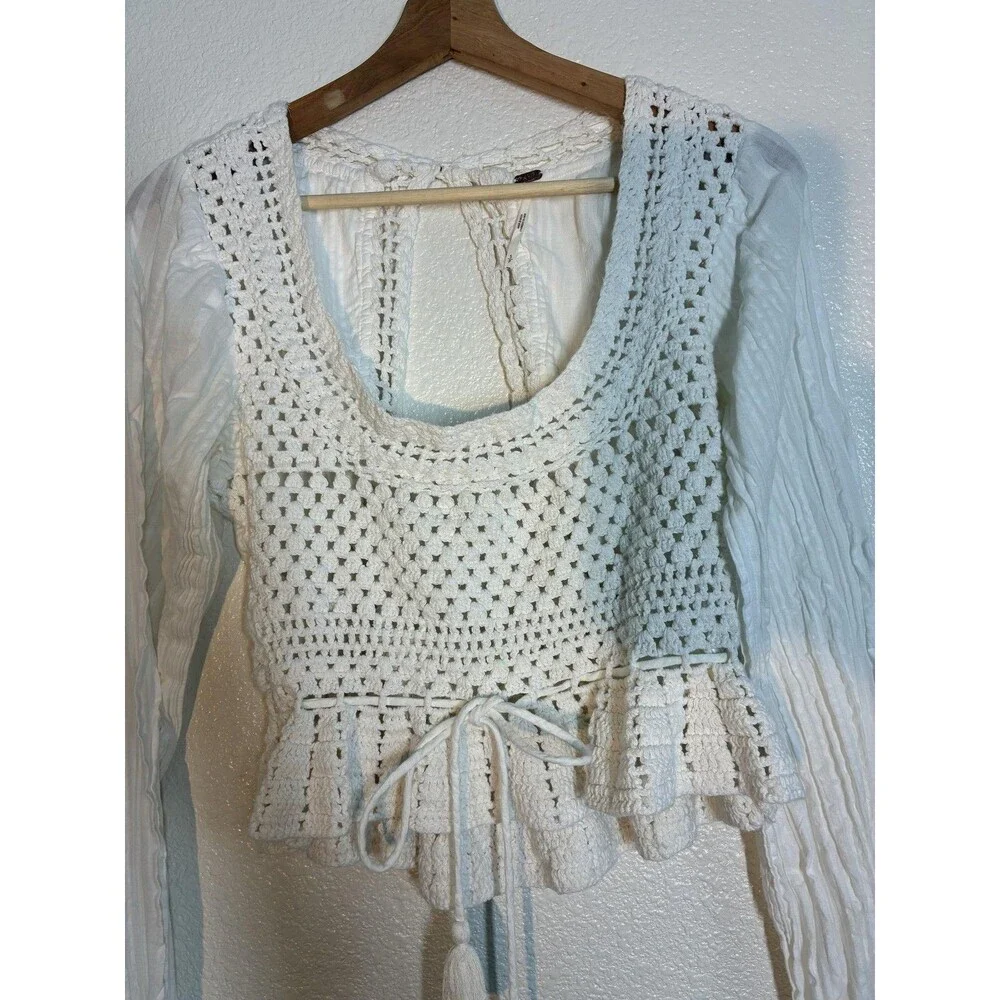 Free People Megan Crochet Top Womens Small White Cropped Bell Sleeve Boho Top